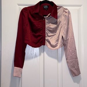 Color blocked, satin, cropped button down